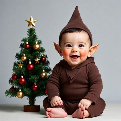 Baby elf smiling with Christmas tree