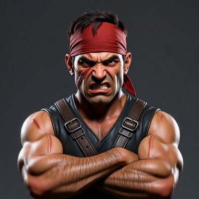 Muscular man with red headband scowling