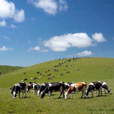 Herd of cows grazing on green hill