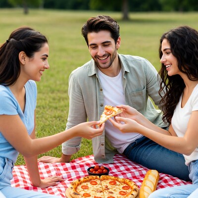 Friends sharing pizza picnic outdoors