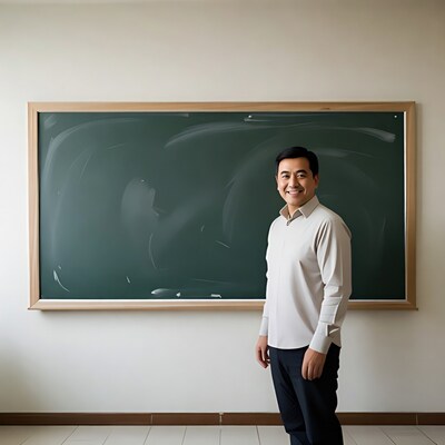 Asian man standing by chalkboard