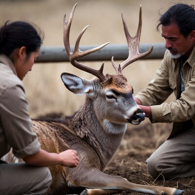 Man and woman petting buck deer