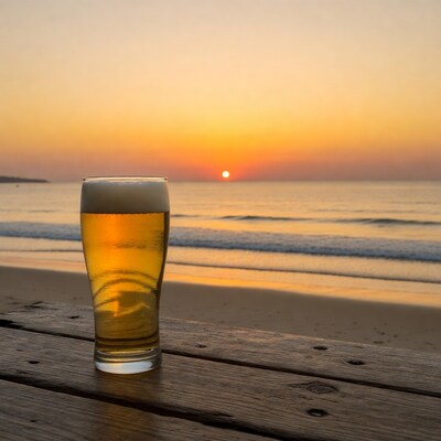 Beer glass on table at beach sunset