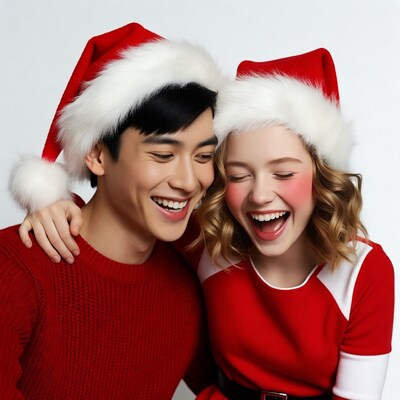 Asian couple laughing in Santa hats