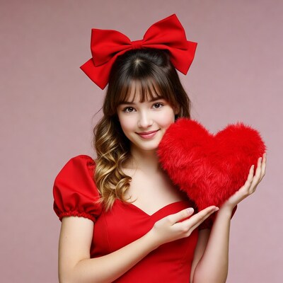 Girl holding red heart with bow