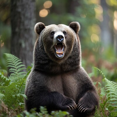 Grizzly Bear Roaring in Forest
