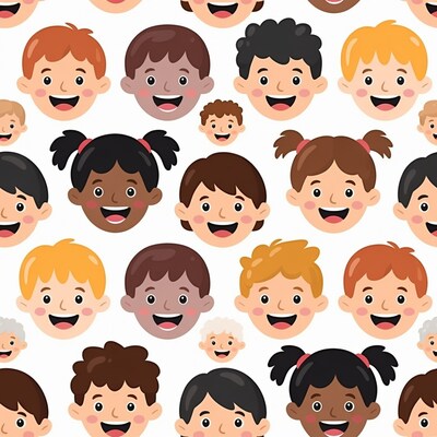 Diverse cartoon kids smiling faces pattern