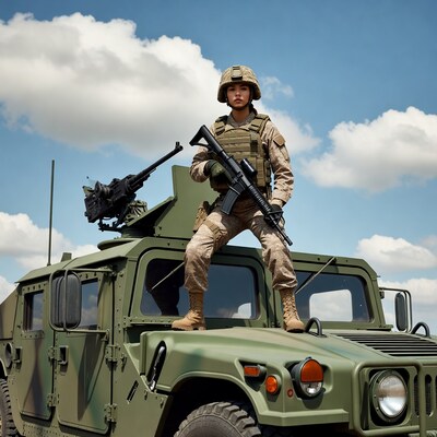 Asian female soldier on Humvee