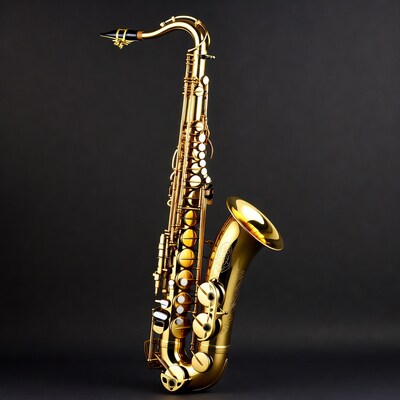 Golden tenor saxophone on black background
