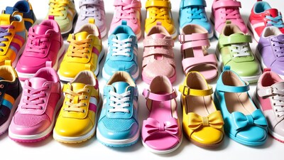 Colorful children's shoes arranged on white background