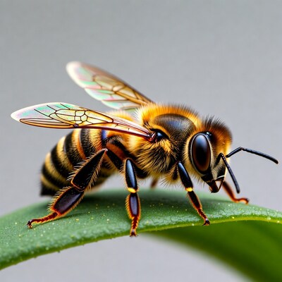 Honey Bee on Green Leaf