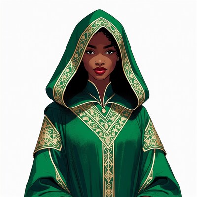 African-American woman in green hooded robe