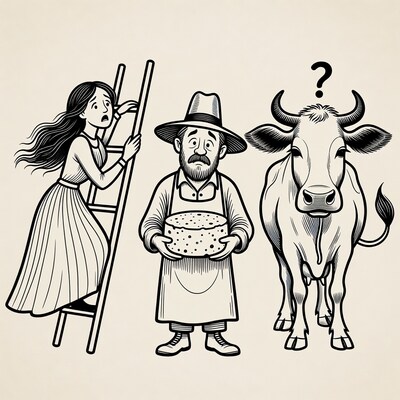 Farmer holding cheese wheel with cow and woman on ladder