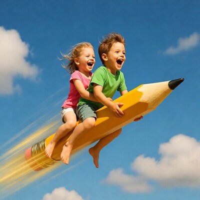 Boy and girl riding giant pencil