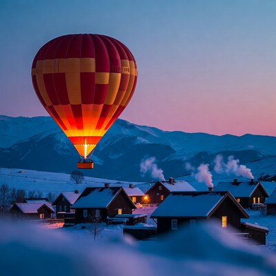 Hot Air Balloon Over Snowy Mountain Village