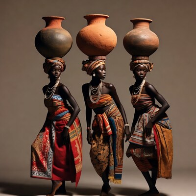 African women balancing clay pots on heads