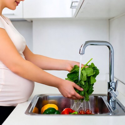 Pregnant Asian woman washing vegetables