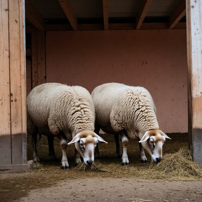 Two sheep eating hay in barn