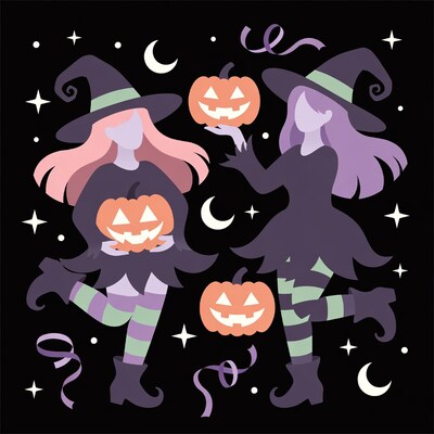 Two cartoon witches holding jack-o-lanterns