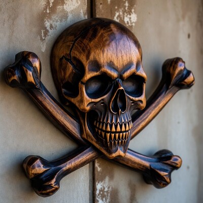 Wooden Skull and Crossbones on Wall