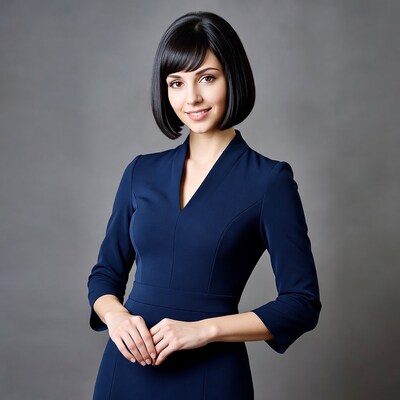 Woman in navy blue dress smiling