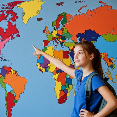 Girl pointing at world map