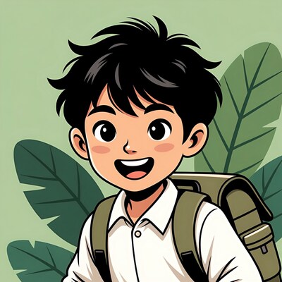 Asian boy with backpack smiling