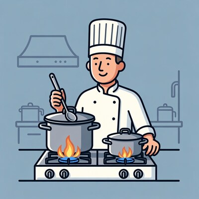Chef stirring pots on stove