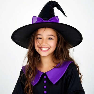 Girl in purple witch costume smiling
