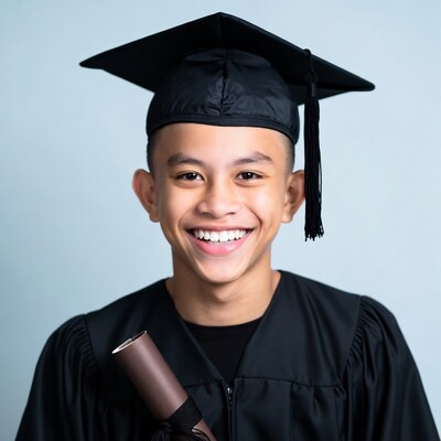 Asian boy in graduation gown with diploma