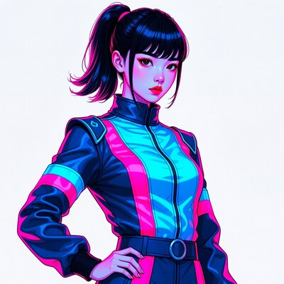 Asian woman in neon racing suit
