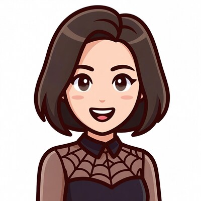 Smiling Asian woman in spiderweb dress illustration