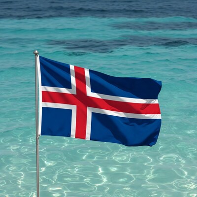 Icelandic Flag Waving in Turquoise Water