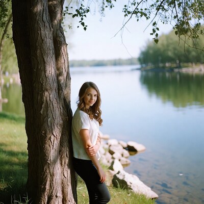 Woman leaning against tree by lake