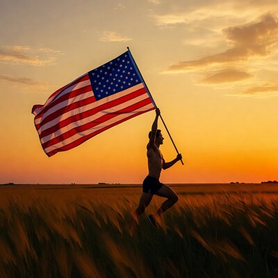 Man running with American flag in wheat field
