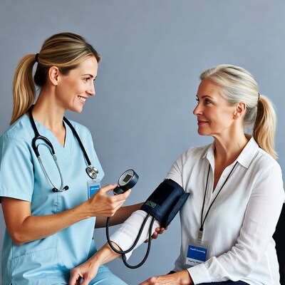 Nurse checking blood pressure on patient