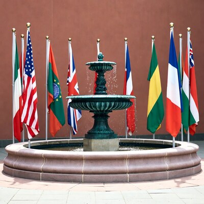 Fountain surrounded by international flags
