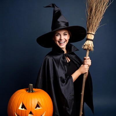 Smiling Witch with Broom and Jack-o'-lantern