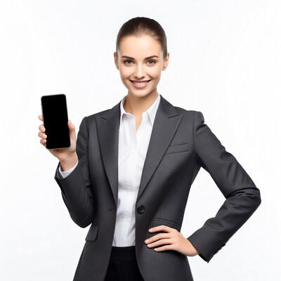 Business woman holding blank smartphone