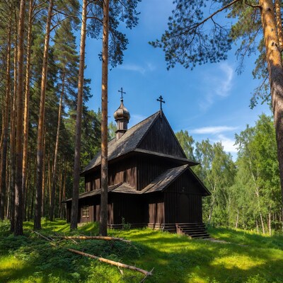 Wooden Orthodox Church in Pine Forest