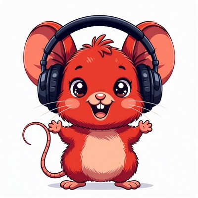 Cute red mouse wearing headphones