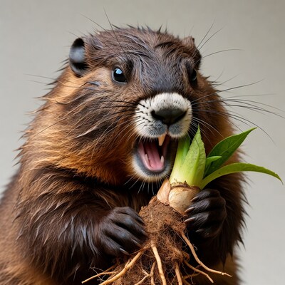 Wet beaver eating plant with roots
