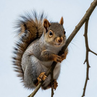 Cute squirrel clinging to tree branch