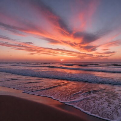 Sunset over ocean waves and beach