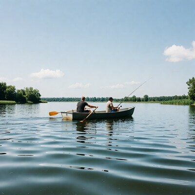Two men rowing and fishing in boat