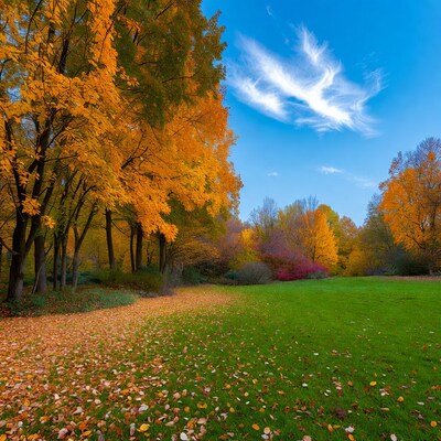 Autumn Trees and Green Lawn Path