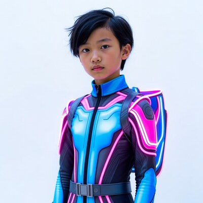 Asian boy in neon blue spacesuit