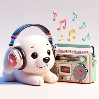 Cute white dog with headphones and radio