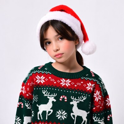 Girl in Santa hat and reindeer sweater
