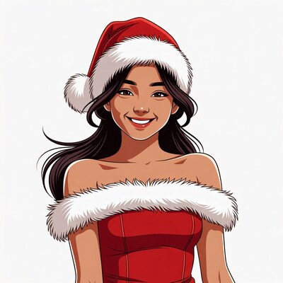 Asian woman in Santa hat and dress